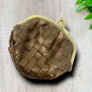Jane Iredale Bronze Basketweave Woven Kisslock Coin Purse Compact Holder Satin
